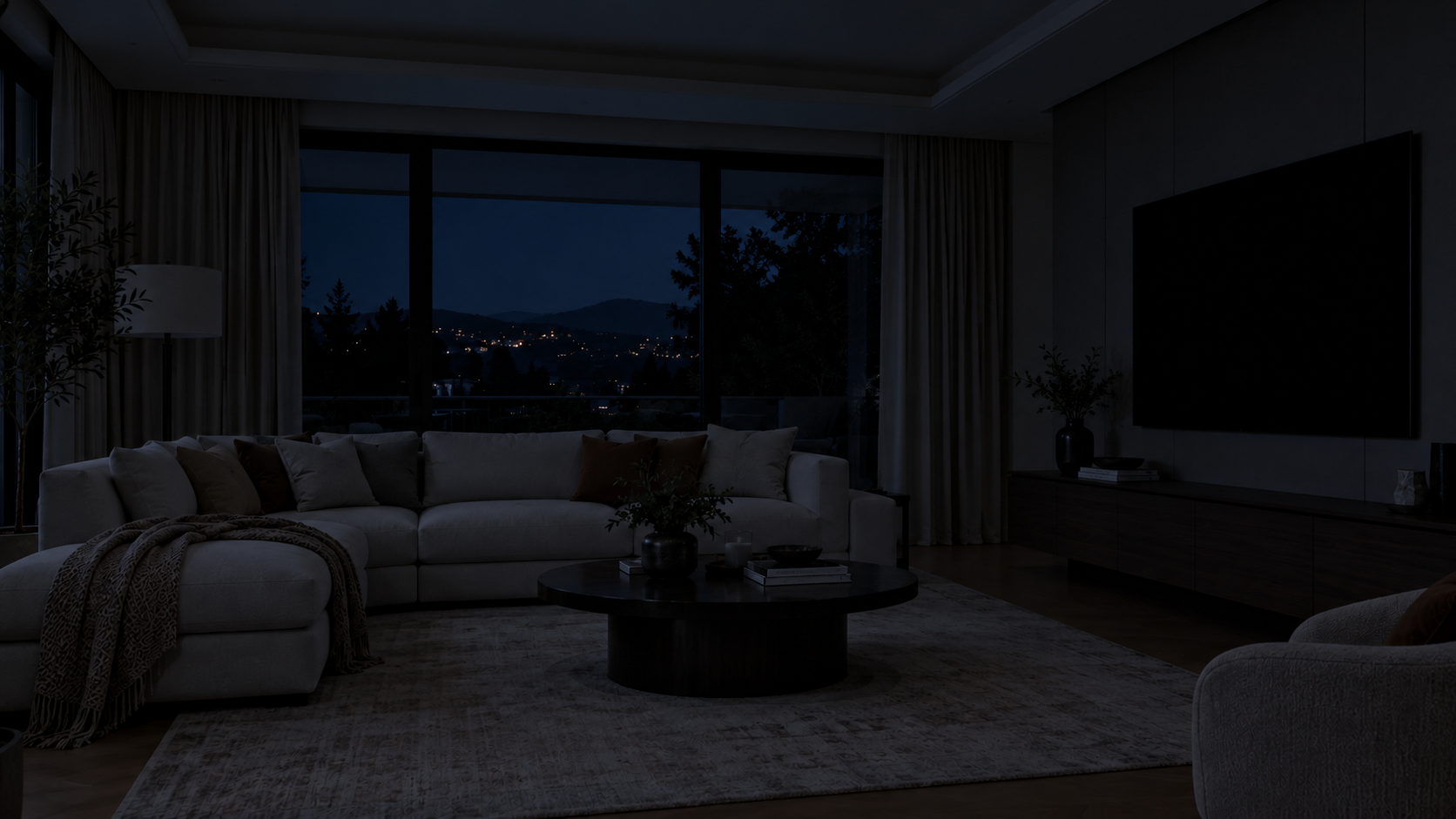 Huiskamer met de verlichting en televisie uit